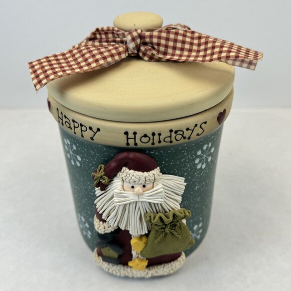 Happy Holidays Santa Claus Stoneware Cookie Jar with Lid Canister Crock 7.25 in - Picture 6 of 13